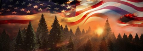 Tribute Banner - An American flag is displayed over a wooded landscape at sunset.