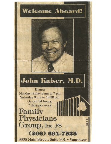 Historical newspaper advertisement for Family Physicians Group featuring a photo of John Kaiser, M.D. 