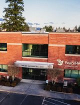 Overhead front entrance view of PeaceHealth Orchards Clinic on Vancouver Mall Drive in Vancouver, Washington