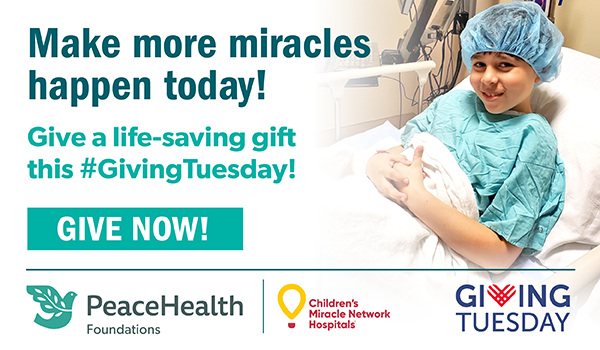 A child sitting in a hospital bed with the text "Make more miracles happen today!" text and "Give Now!" embedded in the image